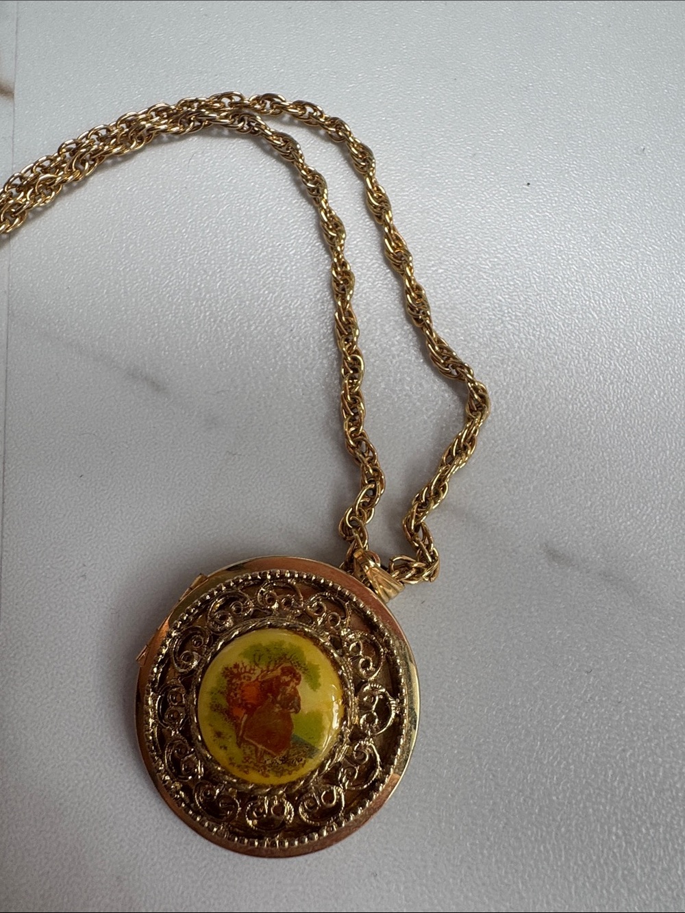 Vintage oval locket Gold filigree pendant necklace ceramic Courting couple scene